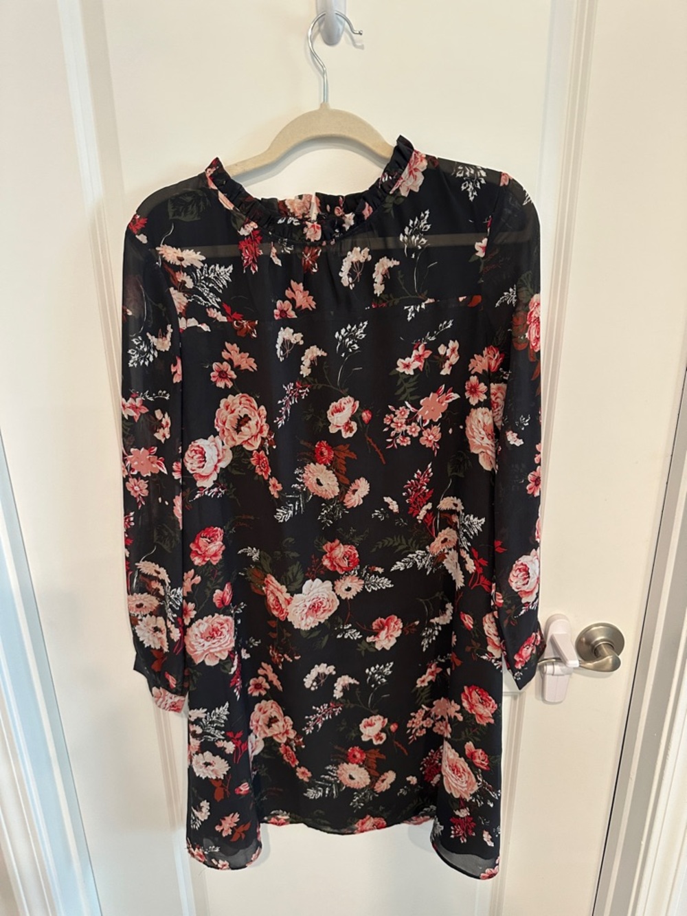 Floral Ruffle-Neck Tunic Dress - Gray with Pink Floral Print